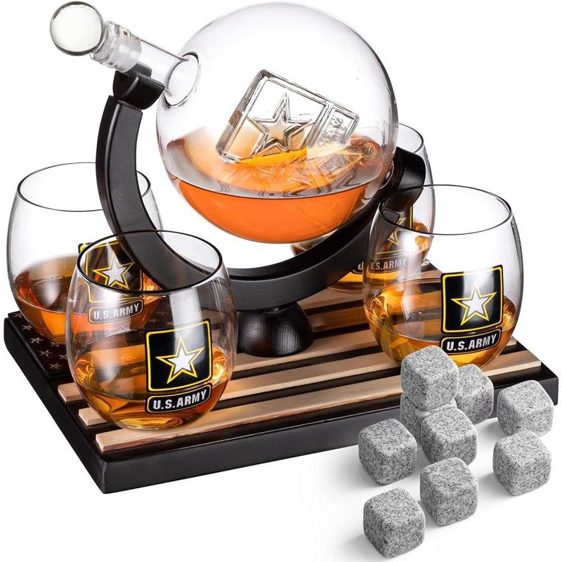 The Wine Savant Army Globe Design Whiskey & Wine Decanter Set Includes 4 Whiskey Glasses & 9 Whiskey Stones Laid on A Beautiful Wood Base - 850 ml, 1 of 7