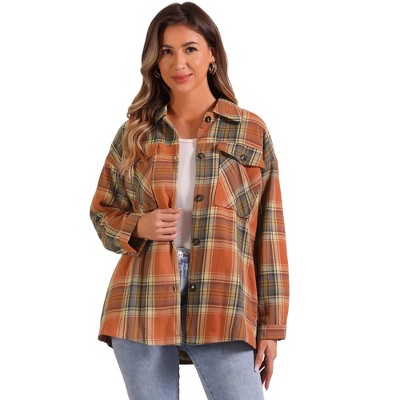 Allegra K Women's Casual Drop Shoulder Loose Plaids Shirt