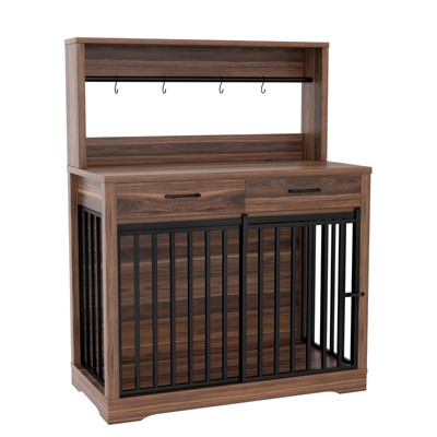 VisioGear Dog Crate with 2 Storage Drawers and Shelves, Side End Table with Sliding Door for Dogs Indoor, Brown, 38"*23.86"*52"