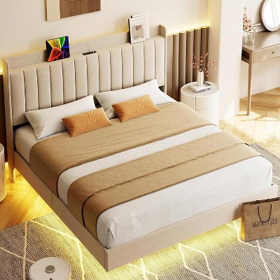 Nasitip Floating Bed Frame with LED Lights, Upholstered Platform Full Bed Frame, No Box Spring Needed