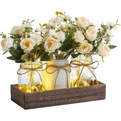Artificial Flower Preserve Jar, Table Decoration With Wooden Tray And LED Light, Dining Room, Kitchen, Living Room Table Decoration