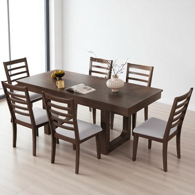 7-Piece Extendable Dining Table Set with Removable Leaf, 60–78" Wooden Table and 6 Upholstered Chairs, Expandable Kitchen Dining Room Furniture