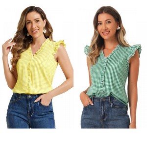 INSPIRE CHIC Women's Cap Sleeve Plaid Gingham Ruffle Shirt 2 Packs - 1 of 4