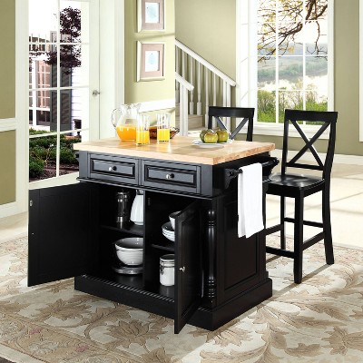 Oxford 50'' Black Solid Wood Kitchen Island Set with X-Back Stools