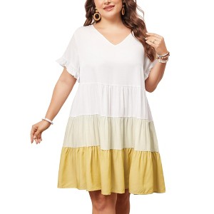 Agnes Orinda Women's Plus Size Color Block Ruffle Short Sleeve Flowy Chambray Mini Babydoll Dress - 1 of 4