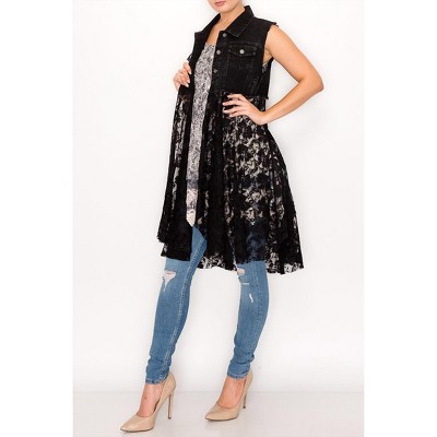 Women's Lilith Black Denim Vest With Lace - Origami
