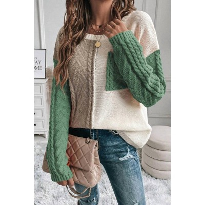 Women's Colorblock Cable Patched Pocket Sweater - Shop Lala Loo