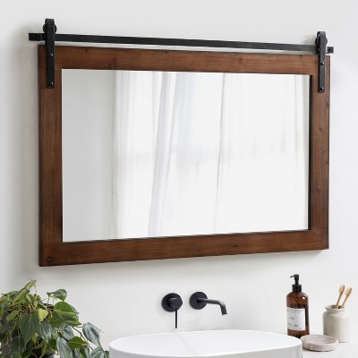 Walnut Brown Farmhouse Barn Door Wall Mirror with Metal Brackets
