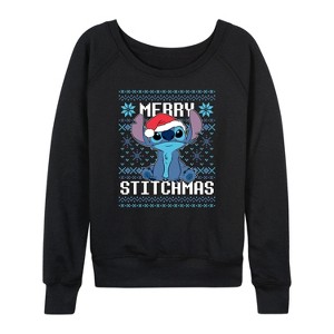 Women's - Lilo and Stitch - Merry Stitchmas Christmas Lightweight French Terry Wide Neck Long Sleeve Shirt - 1 of 4