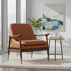 Homy Casa 29.2" Mid-Century Faux Leather Accent Chair, PU Leather & Solid Wood, Brown - 1 of 4