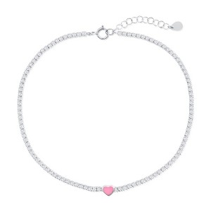Bella Silver Sterling Silver, Enamel Heart, CZ Tennis Anklet - Pink - Pink - 1 of 2
