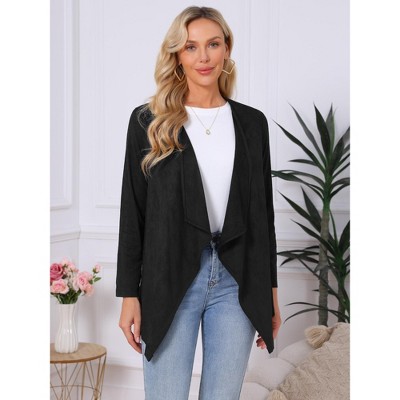 INSPIRE CHIC Women's Faux Suede Lapel Draped Open Front Long Sleeve Lightweight Fall Work Casual Jacket Cardigan Black Large — фото 2