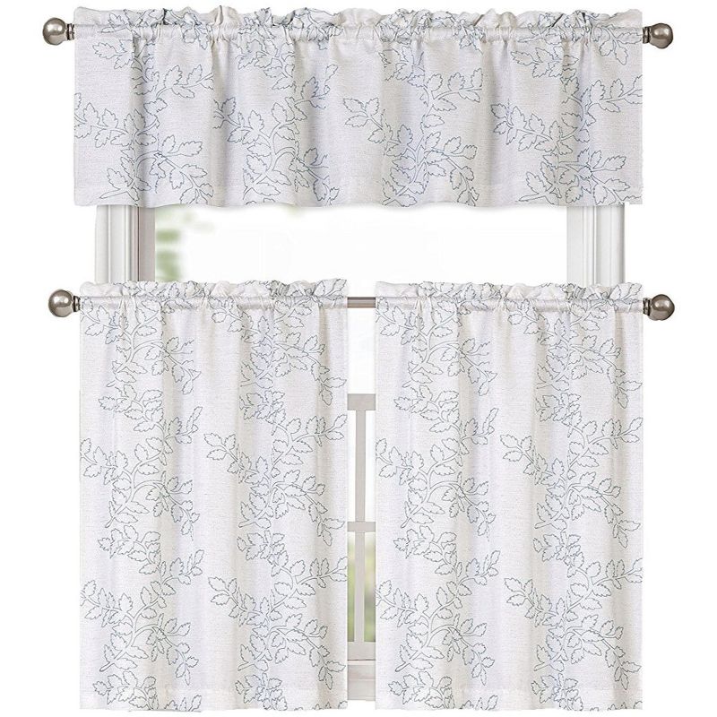 Kate Aurora Shabby Living Brielle Complete 3 Piece Embroidered Floral Cafe Kitchen Curtain Tier & Valance Set, 1 of 3
