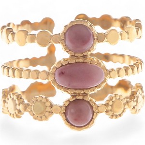 Anna-Kaci Women's Wide Statement Ring Gold Tone with Round Stone Marble-Like Stone and Textured Details - 1 of 4