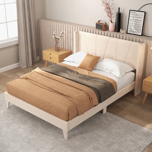Costway Full/Queen Size Upholstered Bed Frame with Elastic Pockets Mattress Foundation Beige - 1 of 4