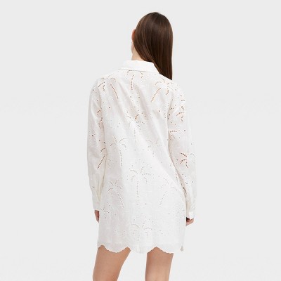 Women’s Long Sleeve Eyelet Embroidered Collared Mini Shirtdress White –