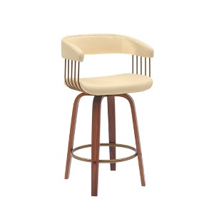 HomeRoots 26" Cream And Wood Brown Faux Leather Swivel Counter Height Bar Chair - 1 of 4