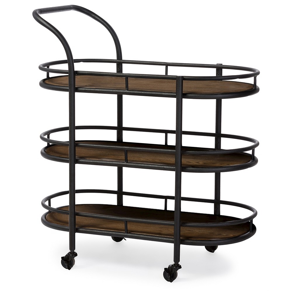 Karlin Rustic Industrial Style Antique Black Textured Finish Metal Distressed Wood Mobile Kitchen Bar Serving Wine Cart Baxton Studio