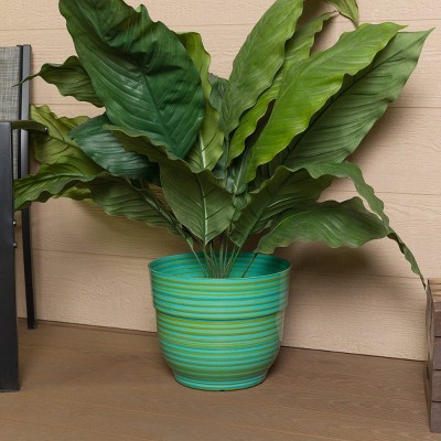 Turquoise and Green Striped Polypropylene Indoor Outdoor Planter, 13"