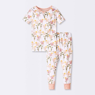 Toddler Girls' 2pc Floral Smooth Jersey Snug Fit Pajama Set - Cloud Island™ White 18M