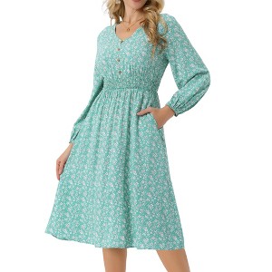 Seta T Women's Fall Casual Long Sleeve V Neck Midi Floral Boho Flowy Dress - 1 of 4