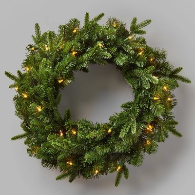 22in Prelit Artificial Pine Christmas Wreath Natural Clear Lights - Wondershop™