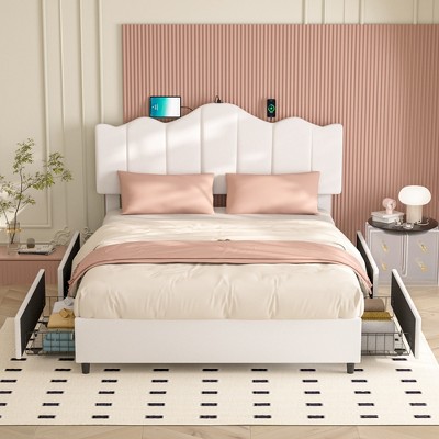 VECELO Queen/Full Size Platform Bed Frame with Type-C & USB Charging Stations and 4 Storage Drawers, Upholstered Adjustable Headboard, Beige