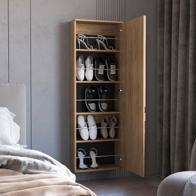 VYNXARIA FM Furniture Queen Creek Shoe Rack - Natural Oak, Space - Saving with Mirror