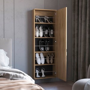 VYNXARIA FM Furniture Queen Creek Shoe Rack - Natural Oak, Space - Saving with Mirror - 1 of 4