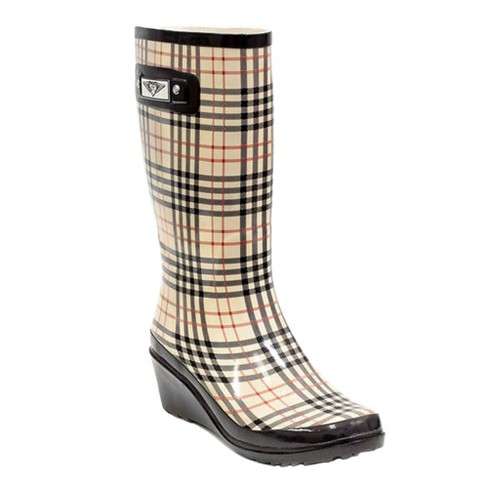 Forever Young Women s Plaid Print Tall Rubber Rain Boots Target