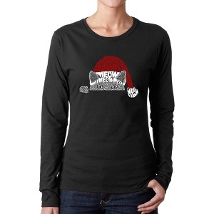 LA Pop Art Christmas Peeking Cat - Women's Word Art Long Sleeve T-Shirt - 1 of 4
