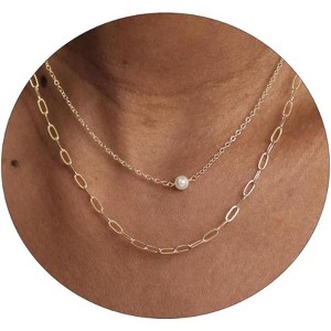 Pearl Pendant Necklace for Women, 14K Gold Plated Handmade Layered Chain - 1 of 4