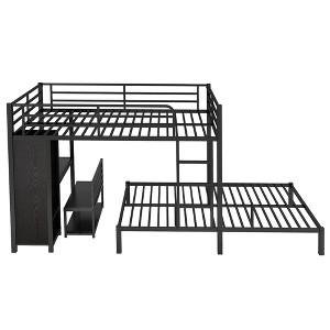 Bellemave Queen over Queen Size Bunk Bed Frame with Built-in Wardrobe,Metal Bunk Bed with Desk and Storage Chairs, Black - 1 of 4