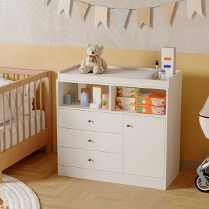 White Nursery Dresser with Changing Top – Tall Wooden Diaper Station with 3 Drawers & 2 Shelves for Kids Room (1-Piece) - 1 of 4