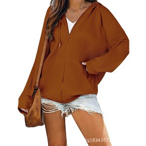 Women's Zip Up Loose Fit Hooded Jackets Comfy Solid Color Long Sleeve Casual Waffle Sweatshirts with Pockets - 1 of 4
