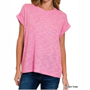 Women's Hacci Slub Knit Short Sleeve Top - Pink - ZENANA - 1 of 1