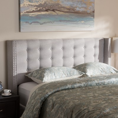 Beige Tufted Upholstered Full Wingback Headboard with Nailhead Trim