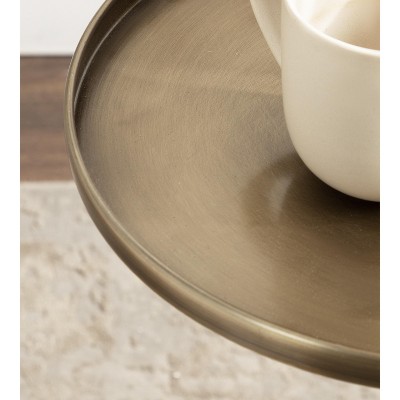 Walnut Brown and Brass Round Side Table with Wood Base