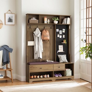 Vynxaria Multi-Purpose Hallway Hall Tree with Removable Linen Cushioned Entryway Bench, Coat Rack, Storage Shelves & DIY Pegboard in Black - 1 of 4