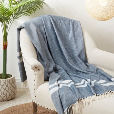 Navy Blue Herringbone Stripe Fringed 50 x 60 Throw