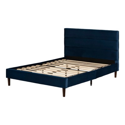Queen Blue Velvet Upholstered Platform Bed with Tufted Headboard