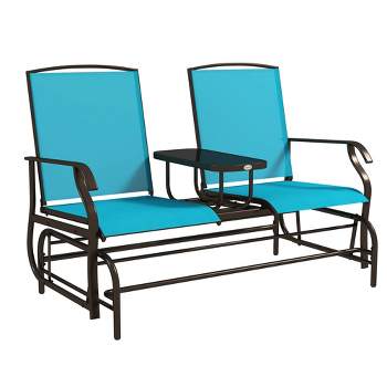 Outsunny 2-Person Outdoor Glider Bench w/ Center Table, Steel Frame for Backyard Garden Porch, Blue