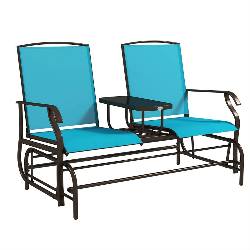 Outsunny 2-Person Outdoor Glider Bench w/ Center Table, Steel Frame for Backyard Garden Porch, Blue, 1 of 7