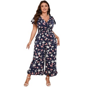 BLUEMING Plus Size Loose Jumpsuits for Women Short Ruffle Sleeve One Piece Outfit High Waist Jumpsuits - 1 of 4