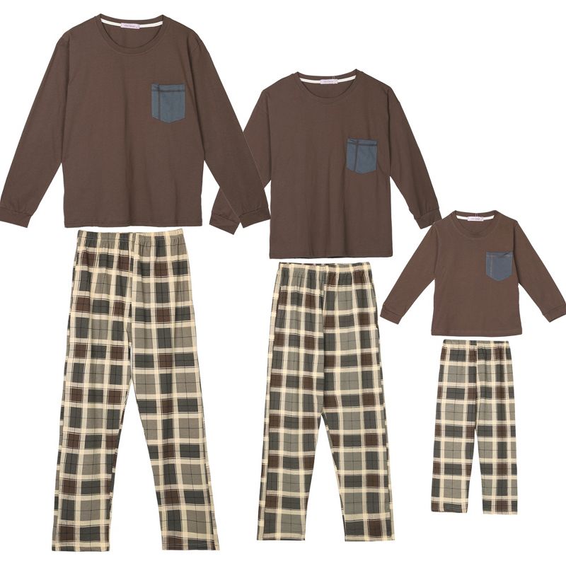 cheibear Sleepwear Long Sleeve with Pants Brown Plaid Family Pajama Sets, 1 of 5