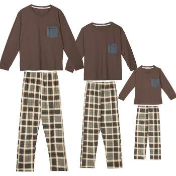 cheibear Sleepwear Long Sleeve with Pants Brown Plaid Family Pajama Sets