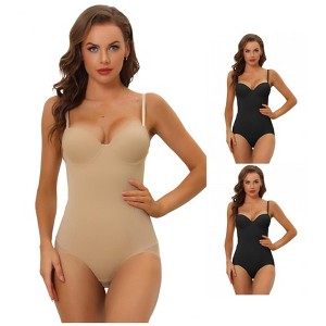 INSPIRE CHIC Women's Adjustable Straps Tummy-Control Shaping Mesh Leotard with Bra 3 Packs - 1 of 4