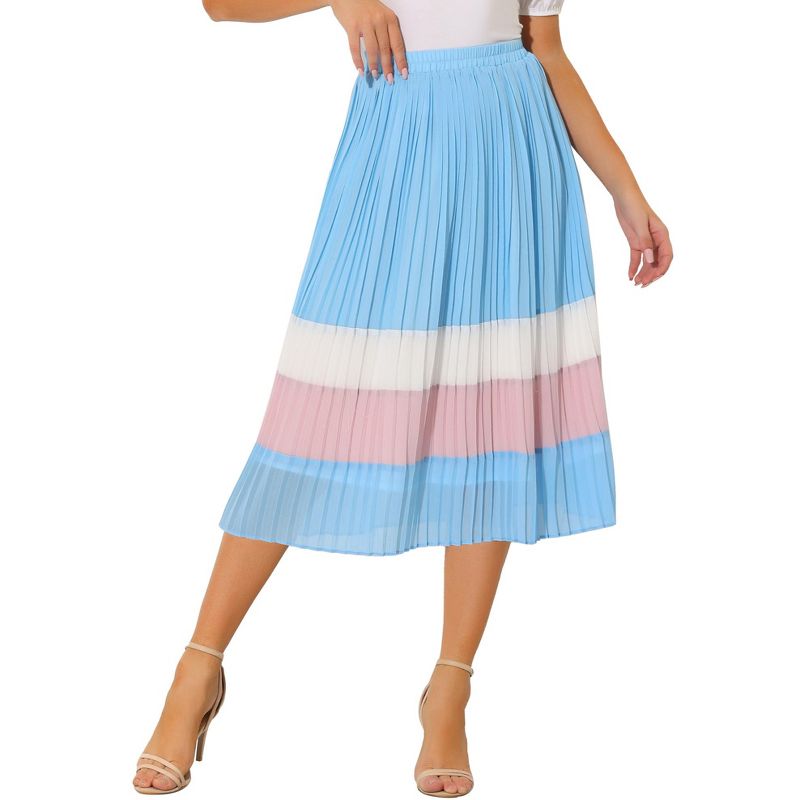 Allegra K Women's Elastic Waist Color Block A-Line Midi Pleated Chiffon Skirt, 1 of 6