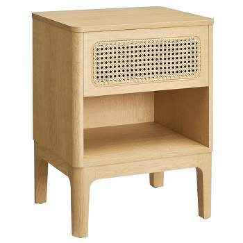 VASAGLE Rattan Nightstand, Boho Bedside Table with Drawer, Cane End Table, Modern Side Table for Bedroom, Natural