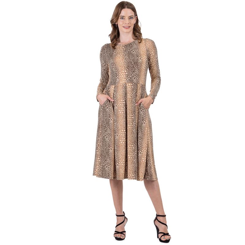 24seven Comfort Apparel Animal Print Long Sleeve Pleated Midi Dress with Pockets, 1 of 5